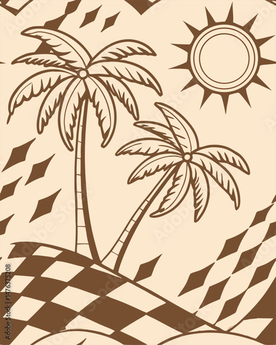 palm trees sun and checkerboard pattern landscape for tropical design Vector illustration 