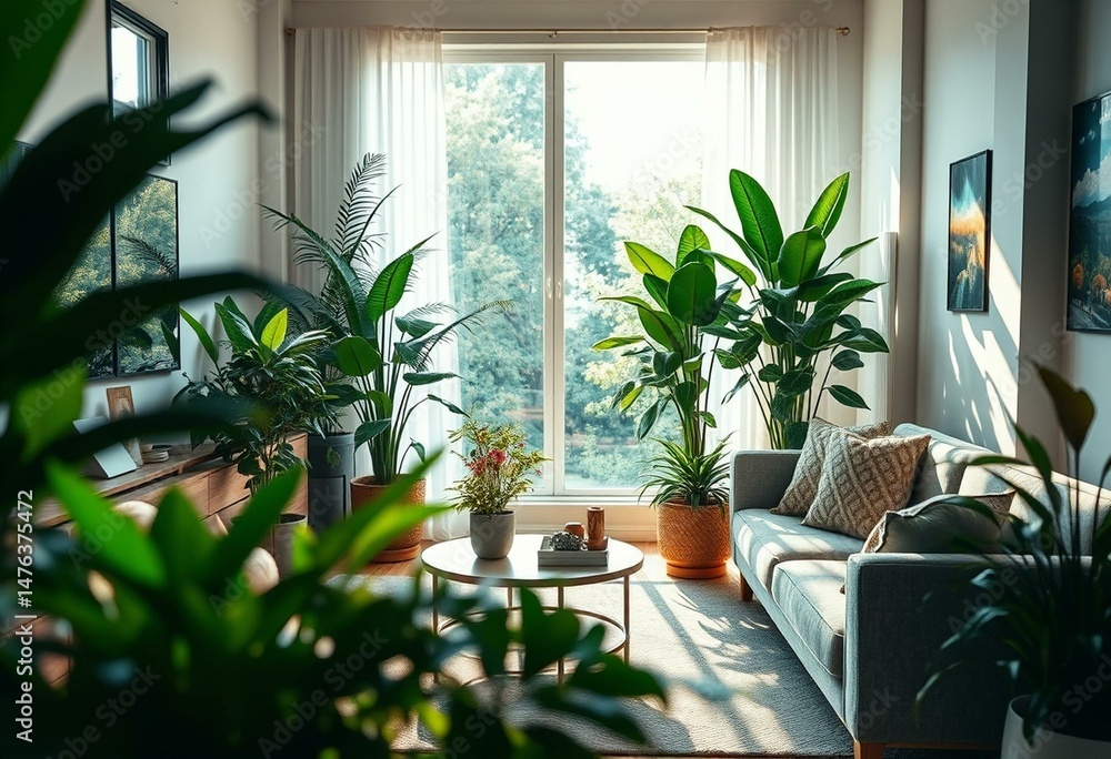 Fototapeta premium Biophilic living room with indoor plants and natural light