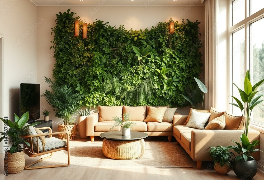 Fototapeta premium Biophilic living room with indoor plants and natural light