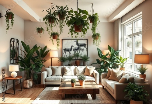 Biophilic living room with indoor plants and natural light