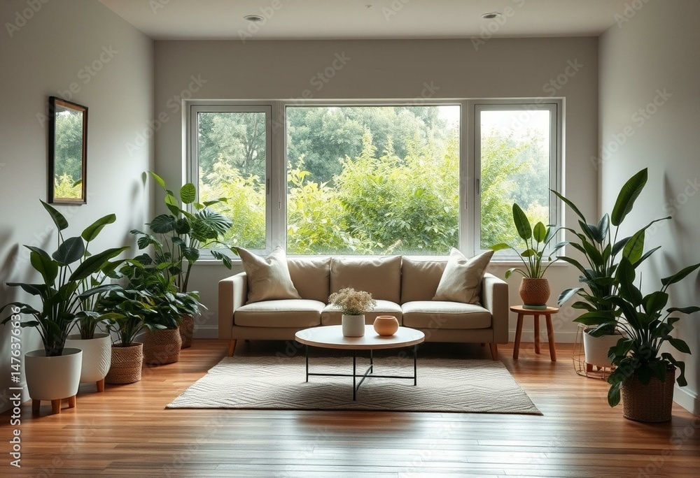Fototapeta premium Biophilic living room with plants and natural light