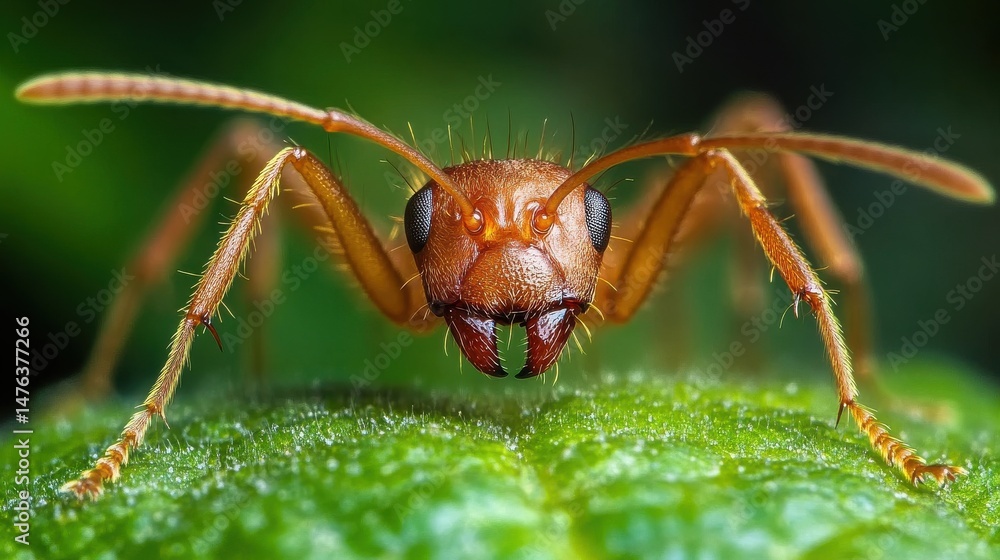 Naklejka premium Reddish Brown Ant Closeup on Green Leaf Macro Photography