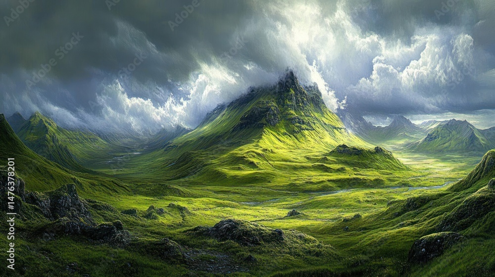 Fototapeta premium Lush green valley nestled between dramatic mountains under a dramatic sky