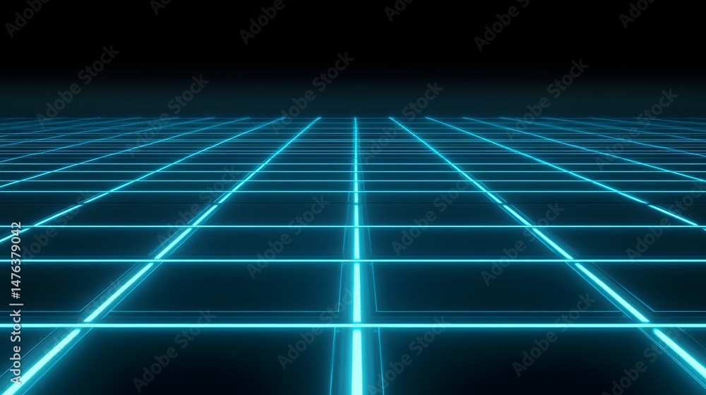 Obraz premium Geometric grid pattern with bright turquoise neon lines.