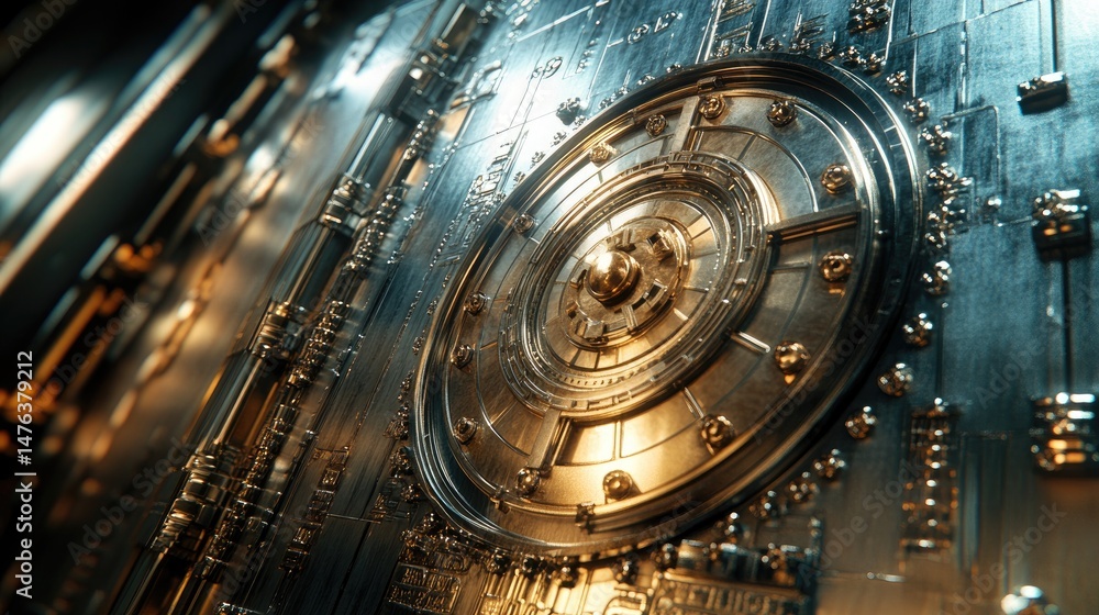 Intricate metallic vault door design with circular mechanism. Intricate metallic vault door design with circular mechanism.