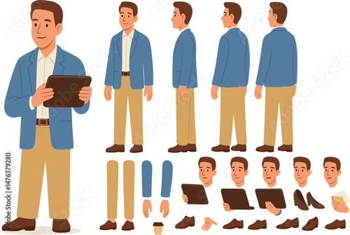 Business man holding laptop. Character constructor for animation. Front, side and back view set. Body parts, postures, poses collection.