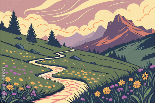 56 beautiful, serene, mountain landscape, spiral pathway, lush meadow, vibrant wildflowers, dramatic sunset sky, ethereal atmosphere, dreamlike, fantastical, intricate details, natural environment