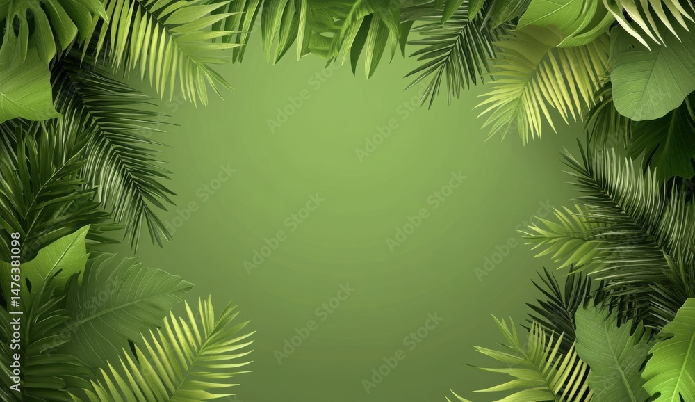 Obraz premium tropical flat illustration with colorful leaves on white background, summer banner template with leaf frame
