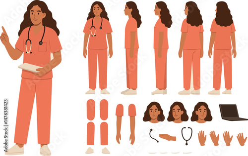  Female hospital nurse holding syringe. Character constructor for animation. Front, side and back view set. Body parts, postures, poses collection. Vector illustration