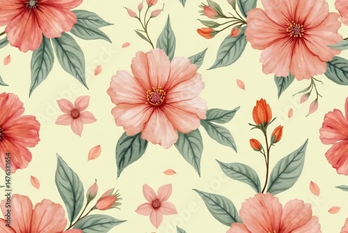 Wallpaper Mural Seamless hand-painted floral pattern with blush, coral flowers and mint green leaves on a warm pastel yellow background. Torontodigital.ca