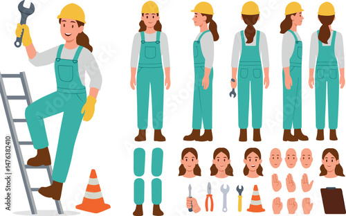  Industrial technician worker wearing helmet, overall uniform holding wrench tool. Character for animation. Front, side and back view set. Body parts, postures, poses collection. Vector illustration