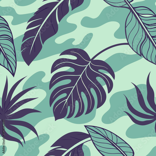 Tropical Leaf Pattern on Soft Mint Background. Seamless design  