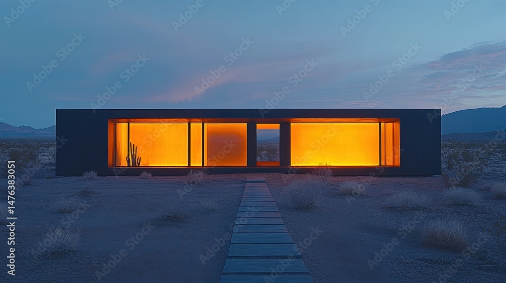 Obraz premium Modern desert home bathed in warm, ambient light.