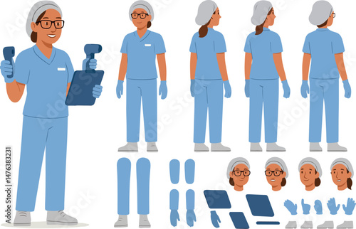Manufacture quality control worker wearing hairnet, uniform holding scanner. Character for animation. Front, side and back view set. Body parts, postures, poses collection. Vector illustration.