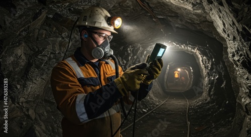 Miner Using Device in Underground Tunnel