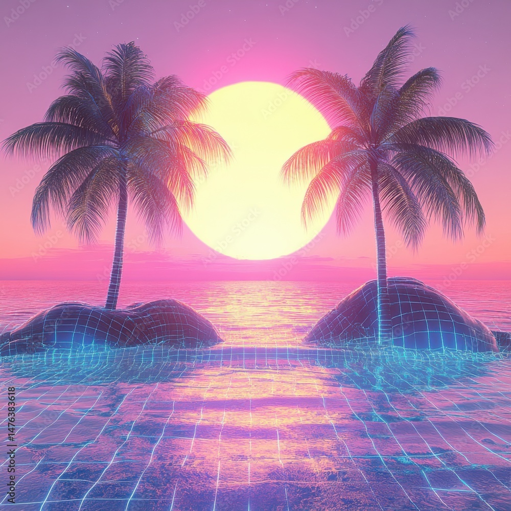 Naklejka premium Vaporwave Sunset with Palm Trees in Retro Style Digital Art Illustration of Tropical Island Paradise