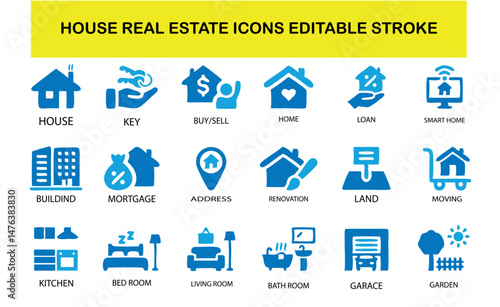 Real Estate Solid Icon Pack – House, Key, Buy & Sell, Loan, Smart Home, Mortgage, Address, Renovation, Land, Interior Rooms