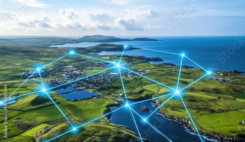 Aerial view of interconnected solar farms and coastal towns.  A network of energy sources and communities
