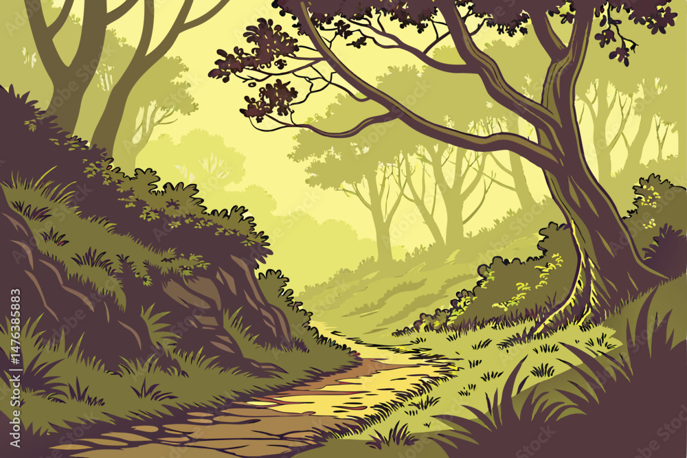 Fototapeta premium 57 photorealistic, lush forest pathway, dense foliage, warm lighting, vivid colors, intricate details, mesmerizing depth of field, magical atmosphere, enchanting scene, captivating landscape, dreamlik