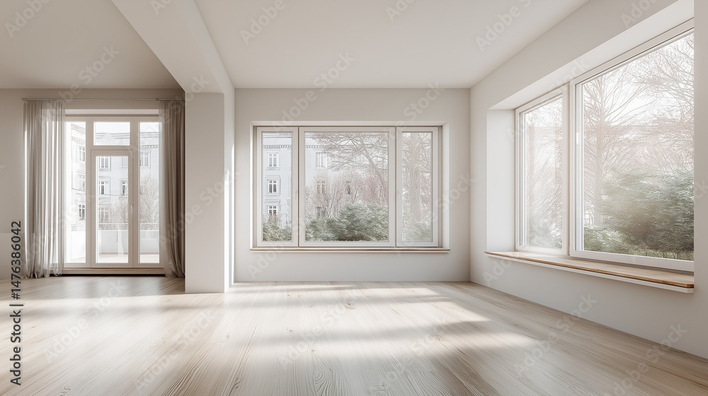 Fototapeta premium Modern White House with Large Windows and Natural Light in a Minimalist Empty Room – AI Generated
