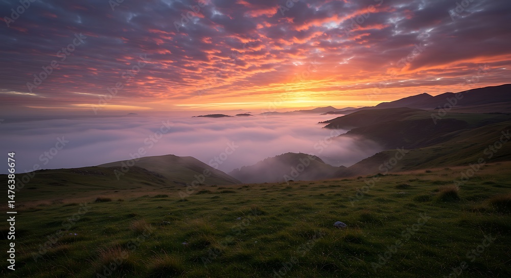 Obraz premium Sunrise Over Foggy Valley with Vibrant Sky and Rolling Hills
