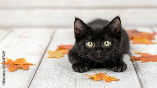 Playful black kitten among colorful autumn leaves indoor setting photography cozy atmosphere close-up shot