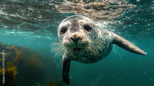 Close-up view of a seal swimming underwater.