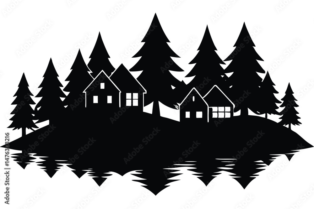 Obraz premium A charming vector illustration of a house nestled among snow-covered pine trees, perfect for a winter holiday card design