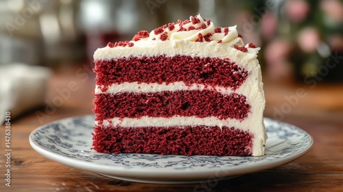 Closeup of a delicious red velvet cake slice.