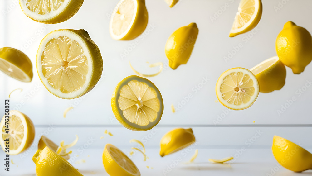 Dynamic scene of vibrant yellow lemon slices dropping on a white background