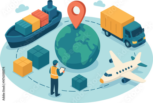 Supply chain with cargo ship, aircraft, goods truck. Сustoms officer inspector at check cargo clearance. Global logistic, delivery, cargo transport concept. Flat isometric vector illustration.