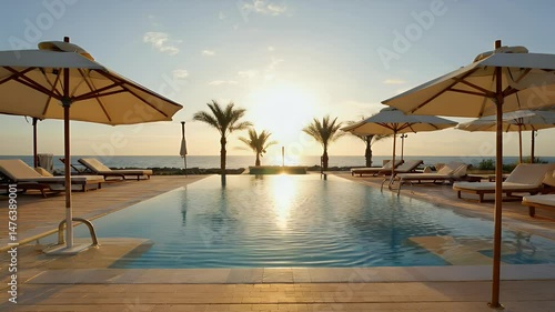 Relaxing by the Pool at Sunset with Palm Trees in Peaceful Coastal Setting