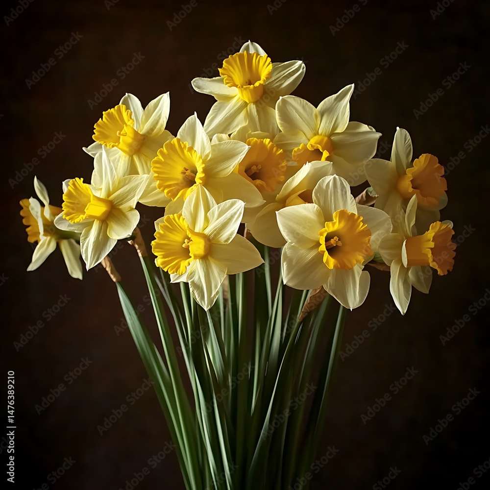 Bunch of Daffodils with Bright Yellow Petals and Green Leaves Bunch of Daffodils with Bright Yellow Petals and Green Leaves