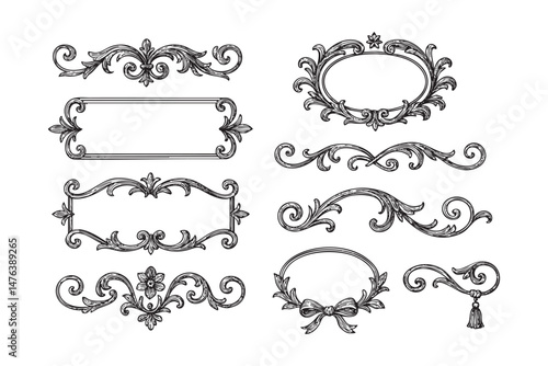 vintage flourish border badge frame set woodcut engraving vector illustration