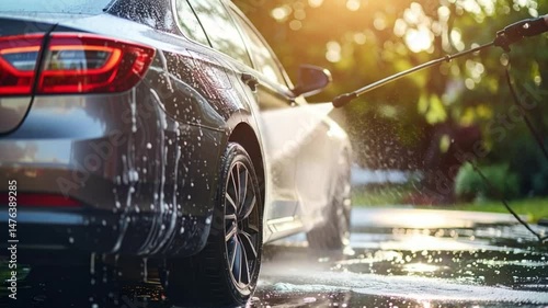 A person washing a car with a pressure washer in a sunlit garden, showcasing cleanliness