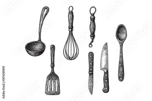 Kitchen utensils set woodcut engraving vector illustration