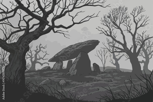 58 dramatic, dark and moody fantasy winter landscape, massive mysterious hovering stone structure, gnarled dead trees, overcast cloudy sky, cinematic lighting, hyper detailed, intricate, realistic