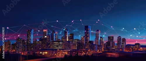 Connected city skyline at night, illuminated buildings with network connections