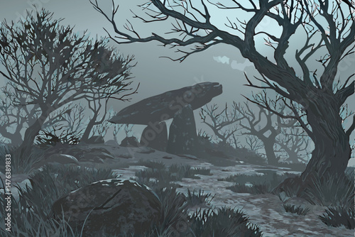 58 dramatic, dark and moody fantasy winter landscape, massive mysterious hovering stone structure, gnarled dead trees, overcast cloudy sky, cinematic lighting, hyper detailed, intricate, realistic
