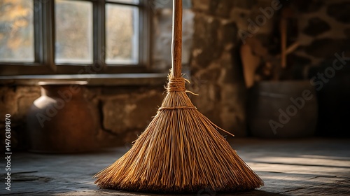 Wallpaper Mural Close up of a classic straw broom with well-worn bristles, set against a rustic wooden surface, warm ambient light filling the space Torontodigital.ca