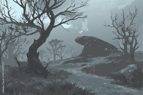 58 dramatic, dark and moody fantasy winter landscape, massive mysterious hovering stone structure, gnarled dead trees, overcast cloudy sky, cinematic lighting, hyper detailed, intricate, realistic