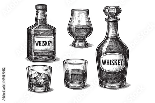 whiskey bottle and glass set woodcut engraving vector illustration