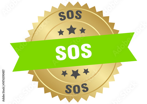 sos. sos round green and gold label isolated on transparent background