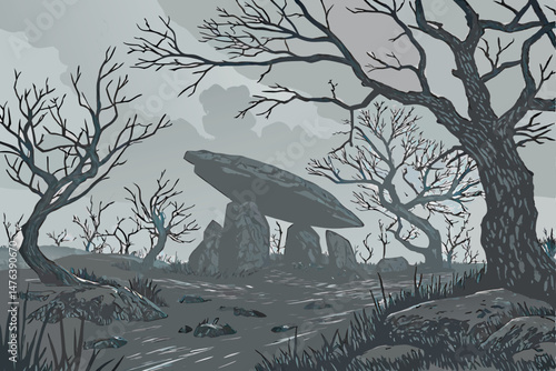 58 dramatic, dark and moody fantasy winter landscape, massive mysterious hovering stone structure, gnarled dead trees, overcast cloudy sky, cinematic lighting, hyper detailed, intricate, realistic