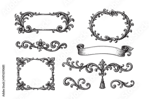 Ornamental frames badge collection set woodcut engraving vector illustration