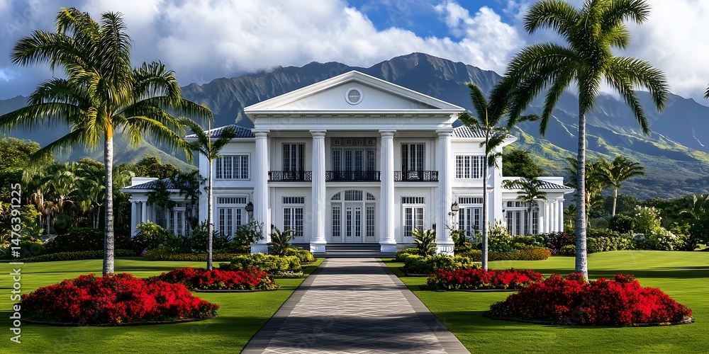 Obraz premium A grand estate, classic colonial architecture, nestled amidst manicured gardens and swaying palm trees, creates a scene of luxury and serenity. A well-maintained path guides towards a regal mansion.
