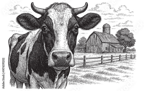 cow farm set woodcut engraving vector illustration