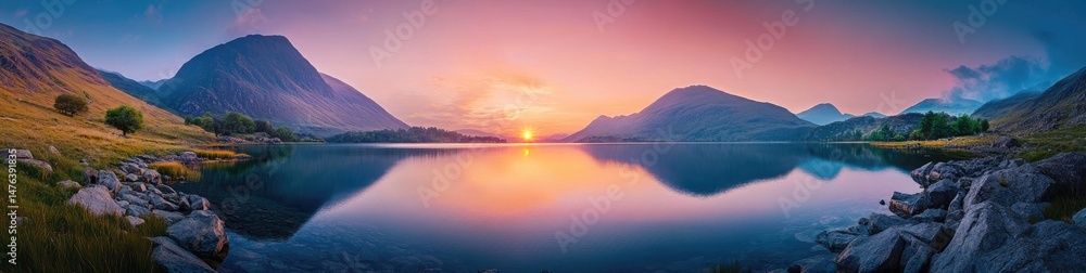 Fototapeta premium Serene lake sunrise, mountains reflect in calm water