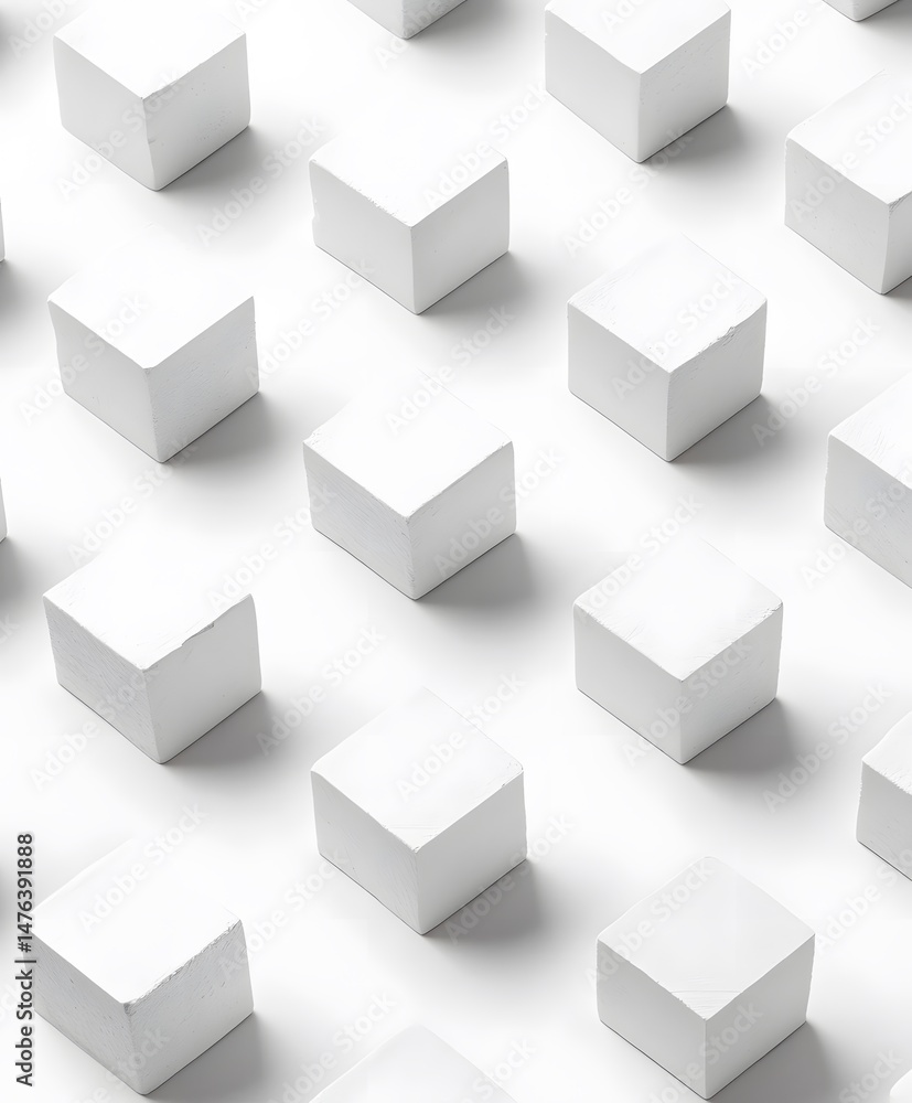 An artistic composition with a series of minimalist white cubes forming an intriguing pattern. Captured with precision, offering a clean, modern aesthetic, highlighting the geometry, form. An artistic composition with a series of minimalist white cubes forming an intriguing pattern. Captured with precision, offering a clean, modern aesthetic, highlighting the geometry, form.