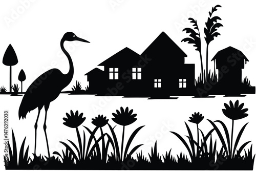 Silhouette Vector of a Village near Wetlands with Birds – Peaceful Nature Scene